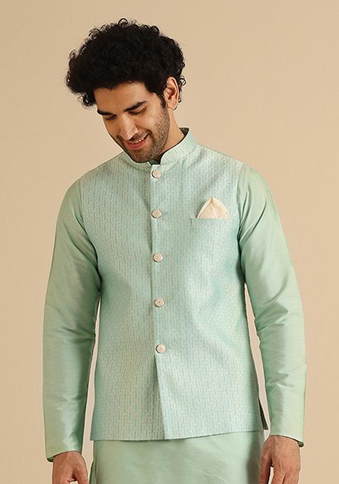 Aqua Green Woven Design Jacquard Jacket