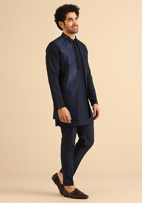 Navy Blue Embroidered Silk Blend Jacket