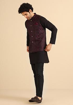 Black And Burgundy Textured Silk Blend Jacquard Jacket