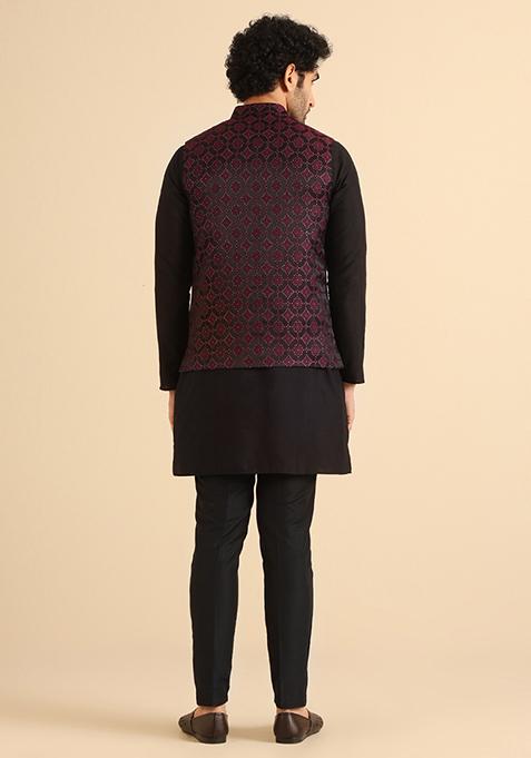 Black And Burgundy Textured Silk Blend Jacquard Jacket