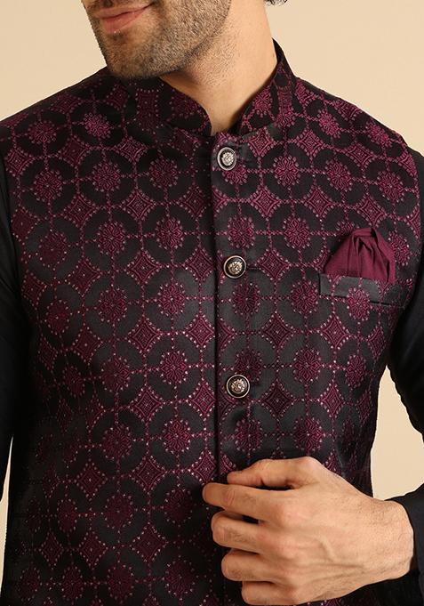 Black And Burgundy Textured Silk Blend Jacquard Jacket