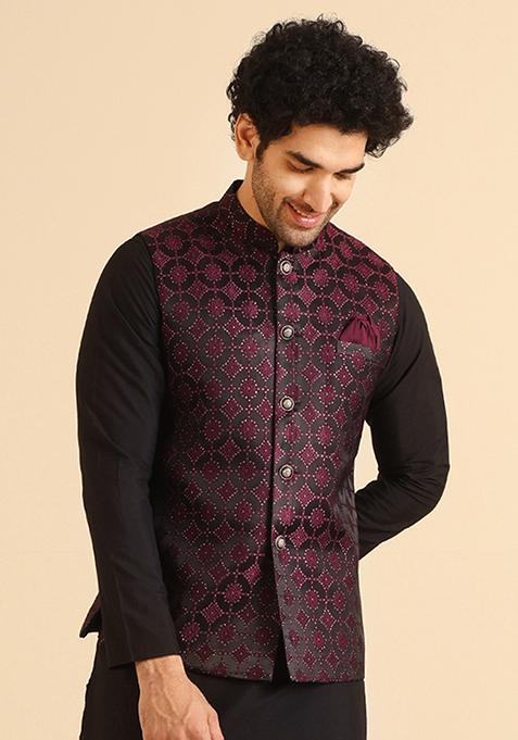 Black And Burgundy Textured Silk Blend Jacquard Jacket