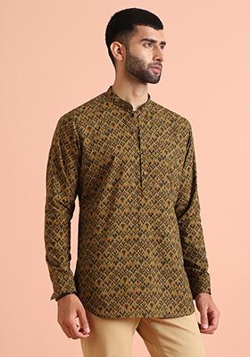 Green Printed Cotton Blend Short Kurta