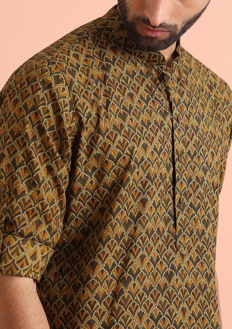 Green Printed Cotton Blend Short Kurta - Indya