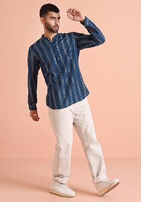 Blue Embroidered Cotton Blend Short Kurta