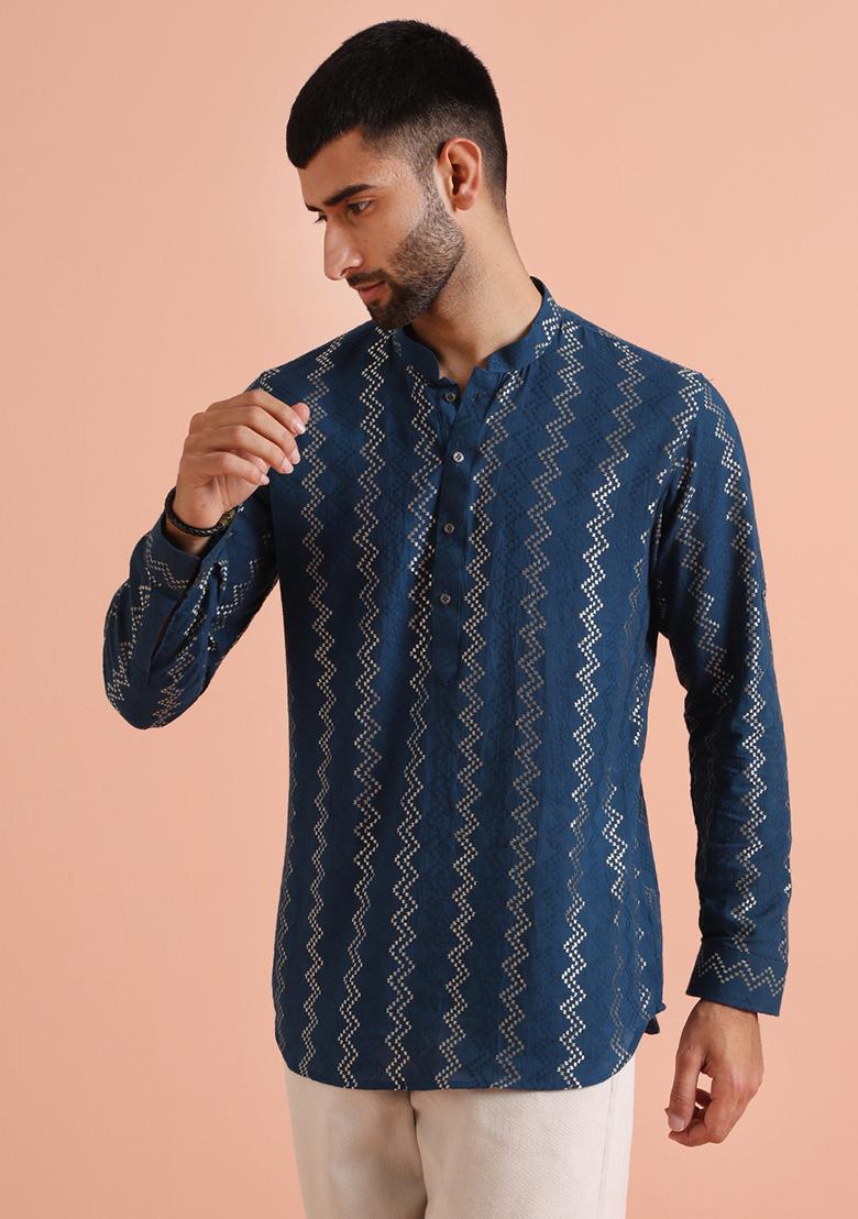 Blue Embroidered Cotton Blend Short Kurta - Indya