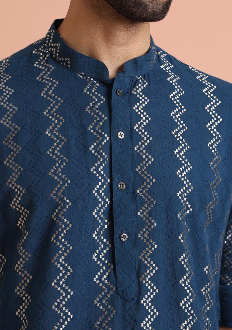 Blue Embroidered Cotton Blend Short Kurta - Indya