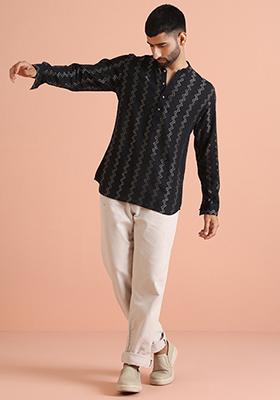 Black Embroidered Cotton Blend Short Kurta