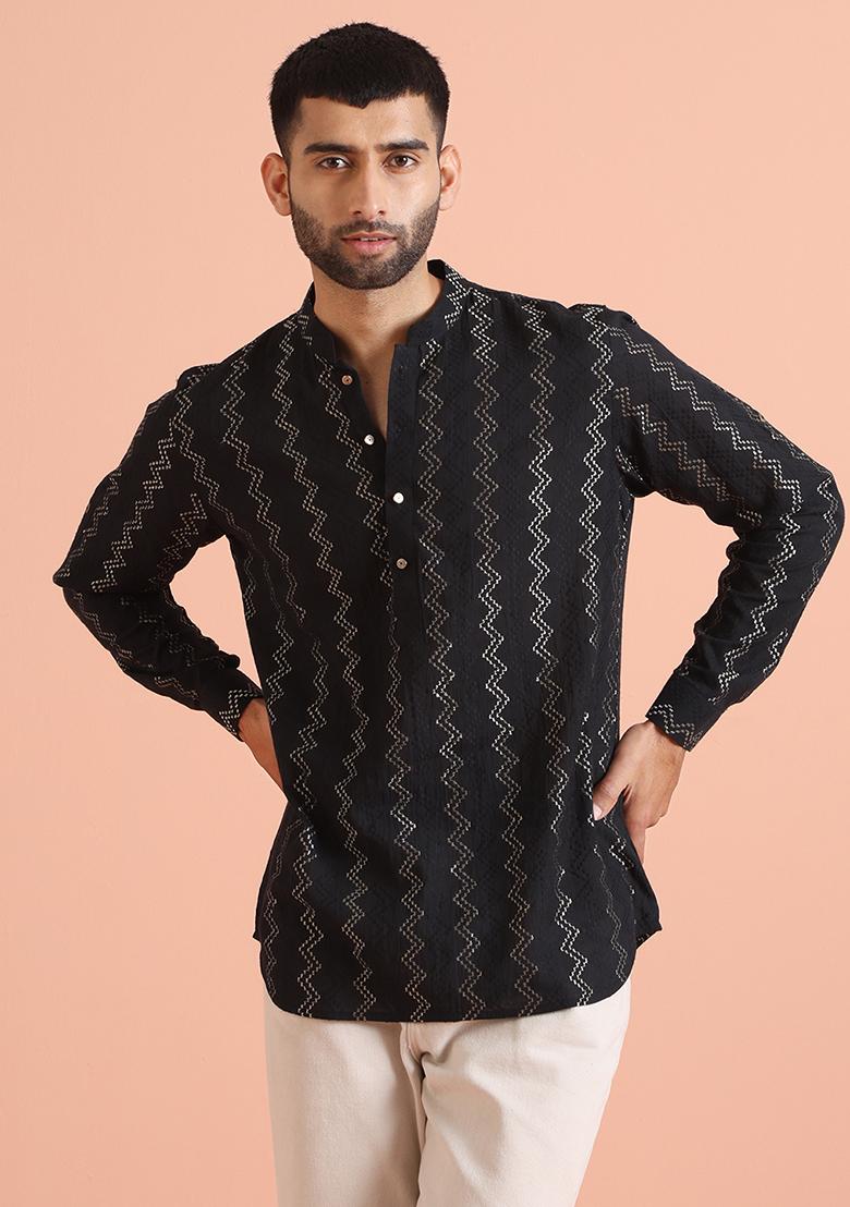 Black Embroidered Cotton Blend Short Kurta - Indya