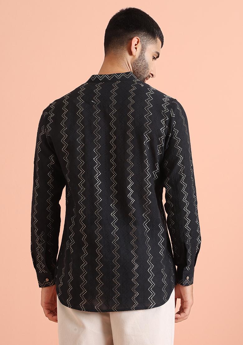 Black Embroidered Cotton Blend Short Kurta - Indya