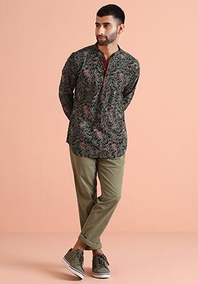 Black Printed Cotton Blend Short Kurta