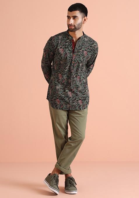 Black Printed Cotton Blend Short Kurta