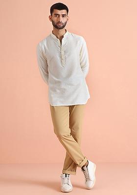 Off White Woven Design Silk Blend Short Kurta