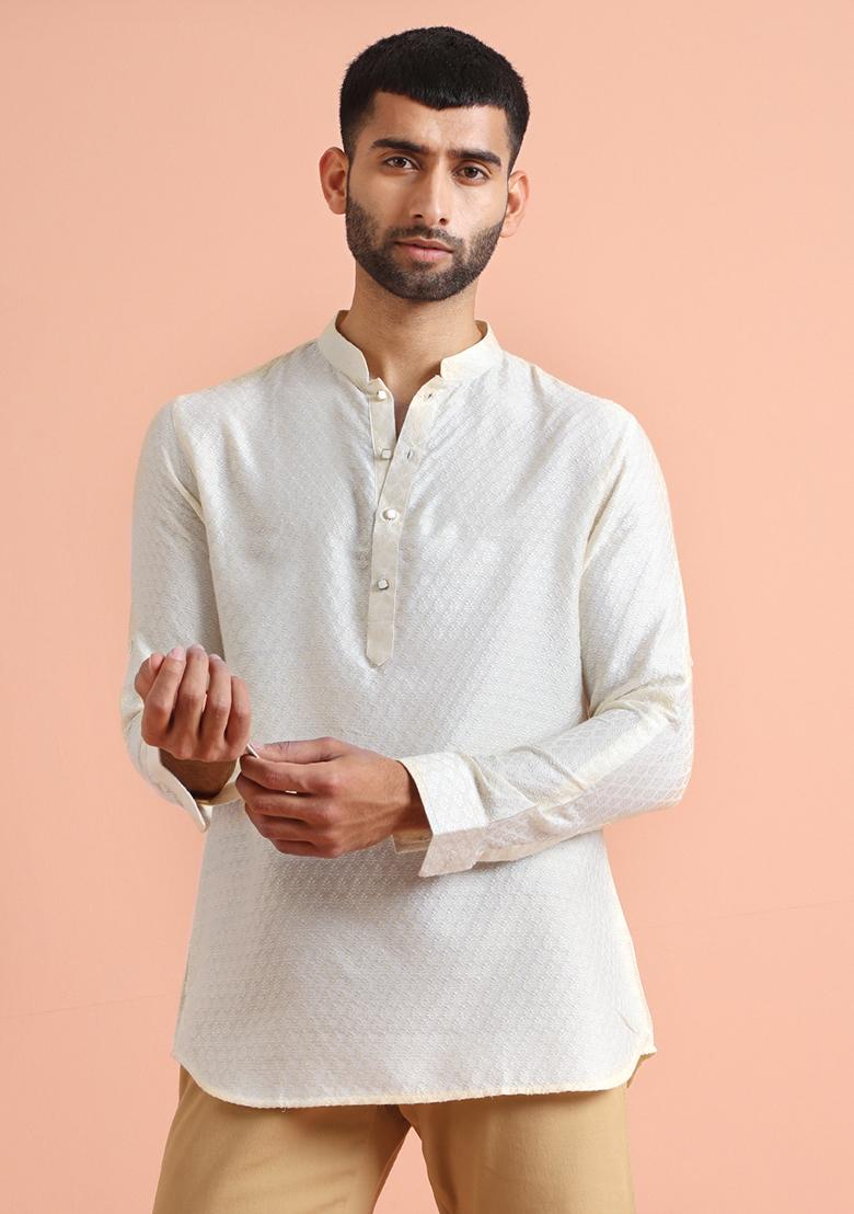 Off White Woven Design Silk Blend Short Kurta - Indya