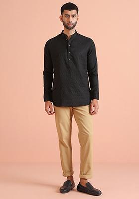 Black Woven Design Silk Blend Short Kurta