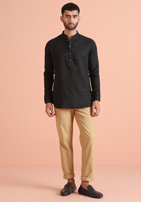 Black Woven Design Silk Blend Short Kurta