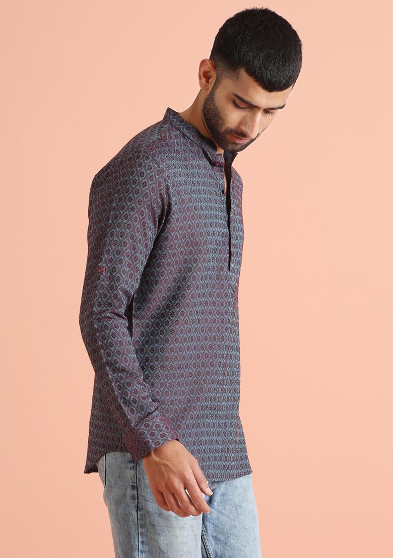 Magenta Woven Design Silk Blend Short Kurta - Indya