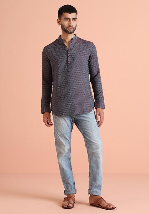 Magenta Woven Design Silk Blend Short Kurta