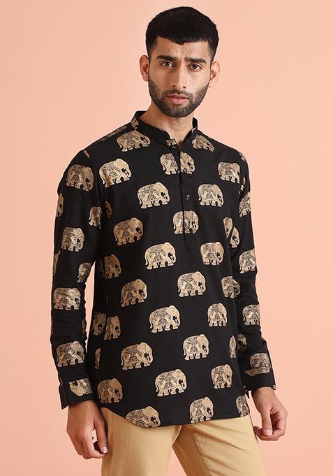 Black Foil Print Cotton Blend Short Kurta