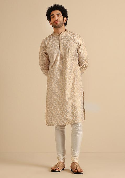 Off White Foil Print Cotton Kurta Set