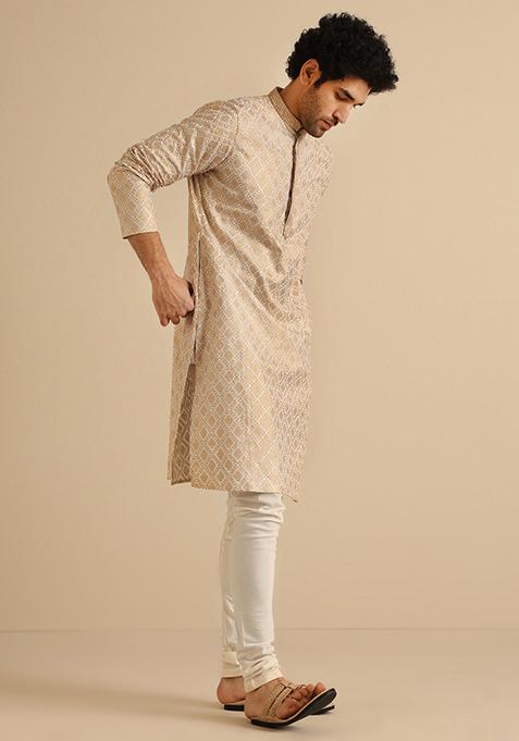 Beige And Gold Foil Print Cotton Blend Kurta