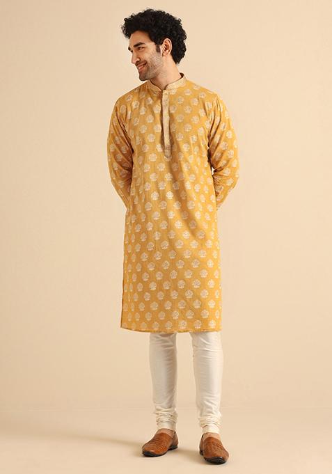 Yellow Foil Print Cotton Kurta Set