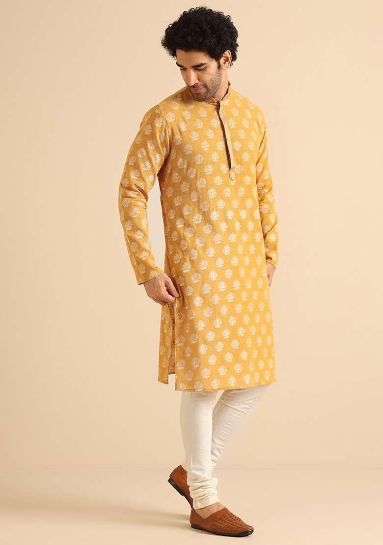 Yellow Foil Print Cotton Blend Kurta - Indya