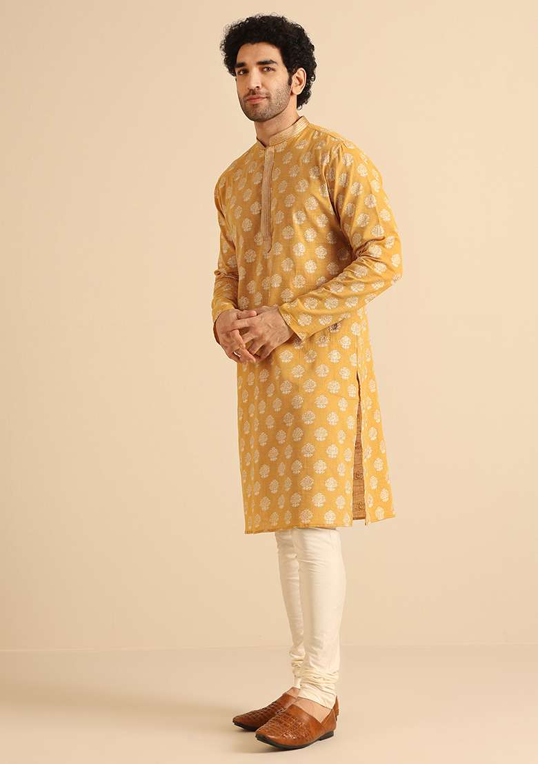 Yellow Foil Print Cotton Blend Kurta - Indya
