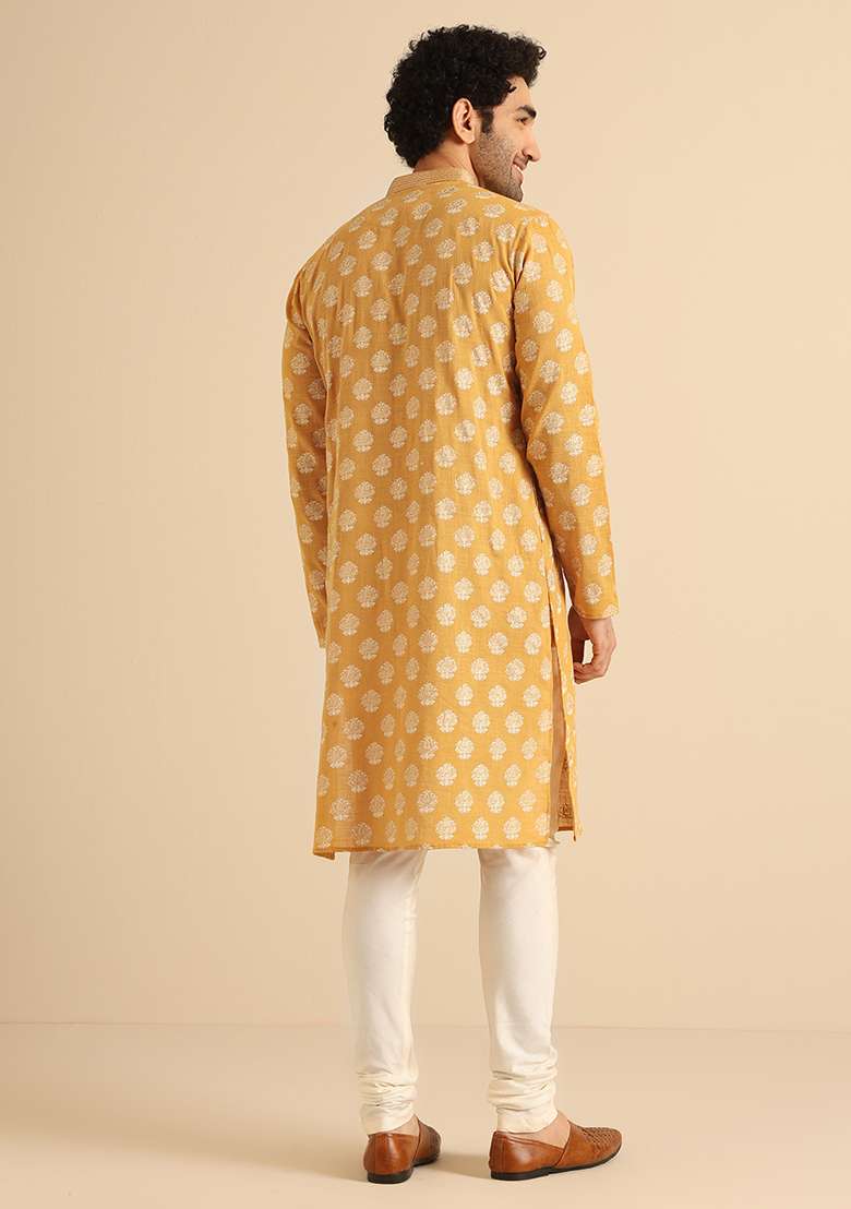 Yellow Foil Print Cotton Blend Kurta - Indya