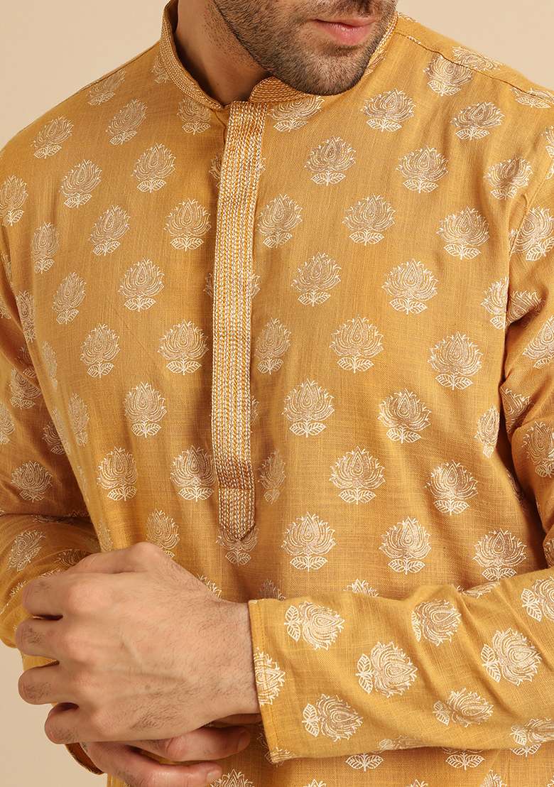 Yellow Foil Print Cotton Blend Kurta - Indya