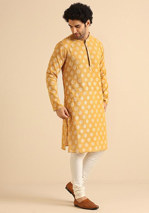 Yellow Foil Print Cotton Blend Kurta