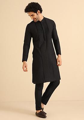 Black Solid Pleated Cotton Blend Kurta