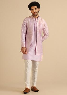 Lilac Textured Silk Blend Jacquard Kurta Jacket Set
