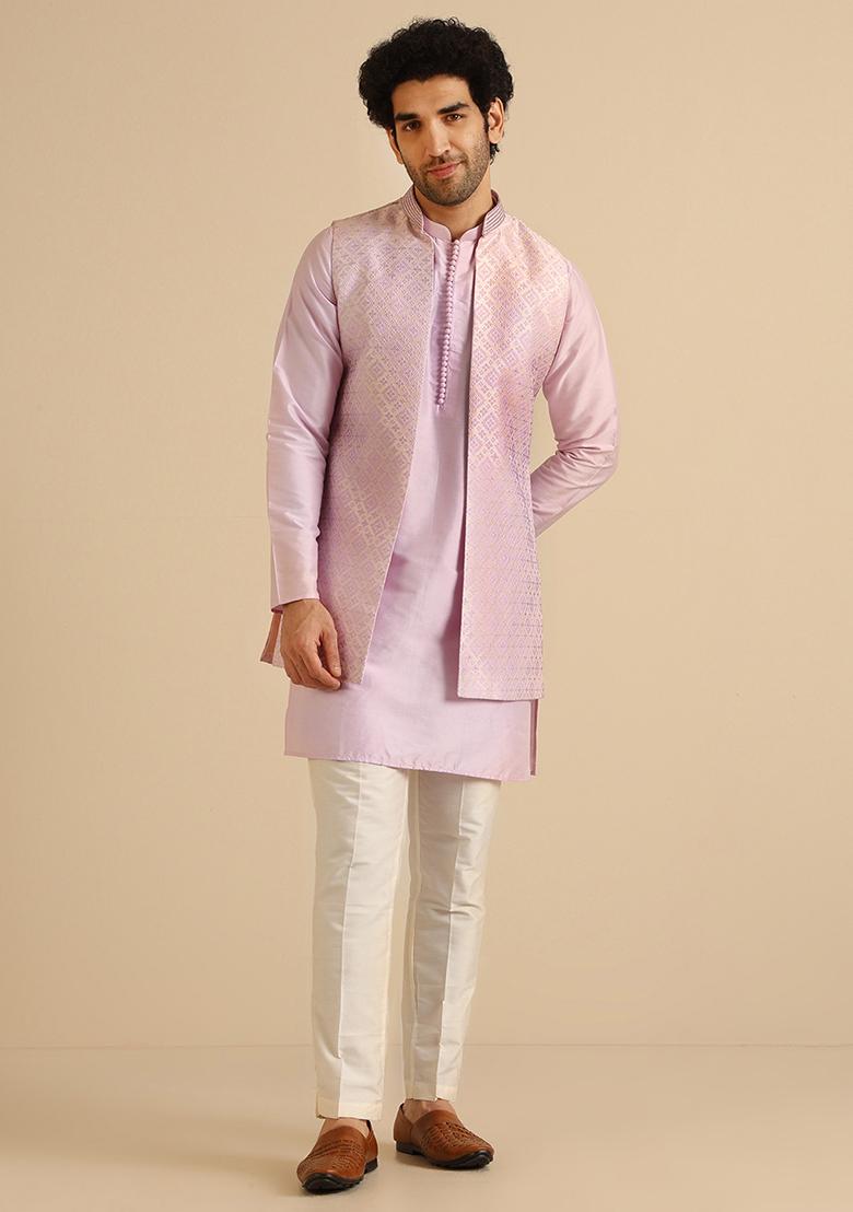 Lilac Textured Silk Blend Jacquard Kurta Jacket Set