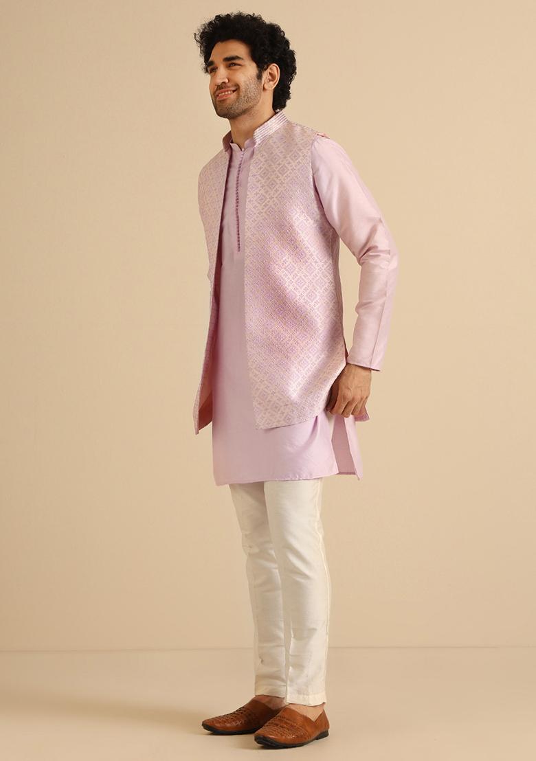 Lilac Textured Silk Blend Jacquard Kurta Jacket Set