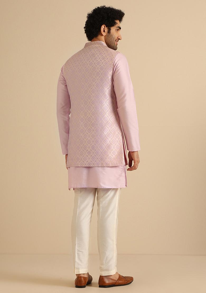 Lilac Textured Silk Blend Jacquard Kurta Jacket Set