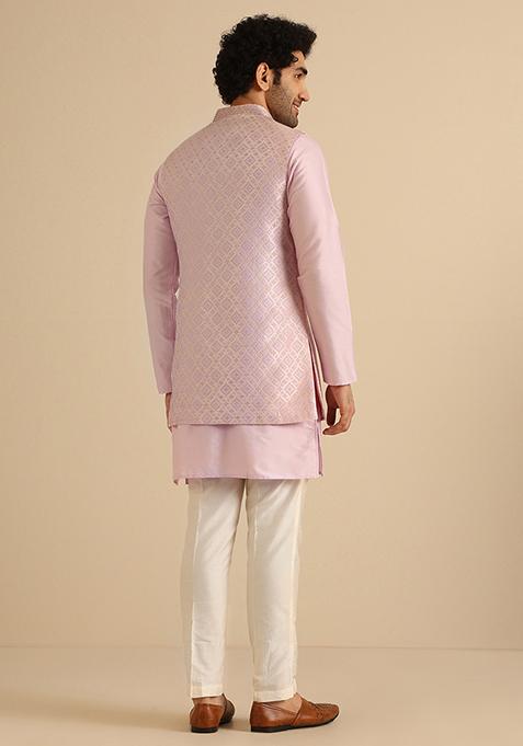Lilac Textured Silk Blend Jacquard Kurta Jacket Set