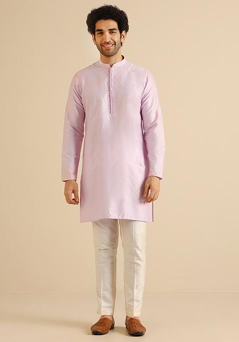Lilac Textured Silk Blend Jacquard Kurta Jacket Set