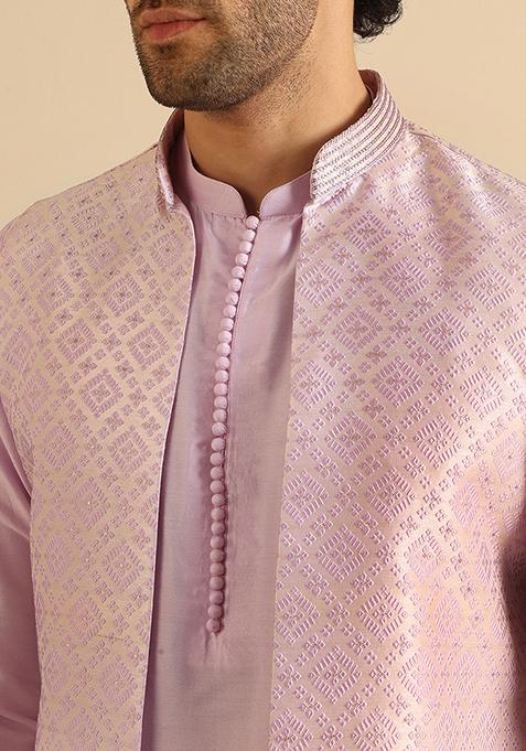 Lilac Textured Silk Blend Jacquard Kurta Jacket Set
