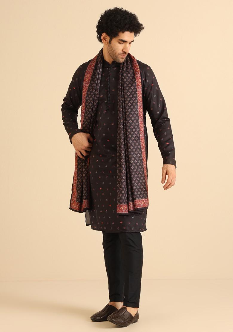 Black Digital Print Cotton Blend Kurta Set With Dupatta