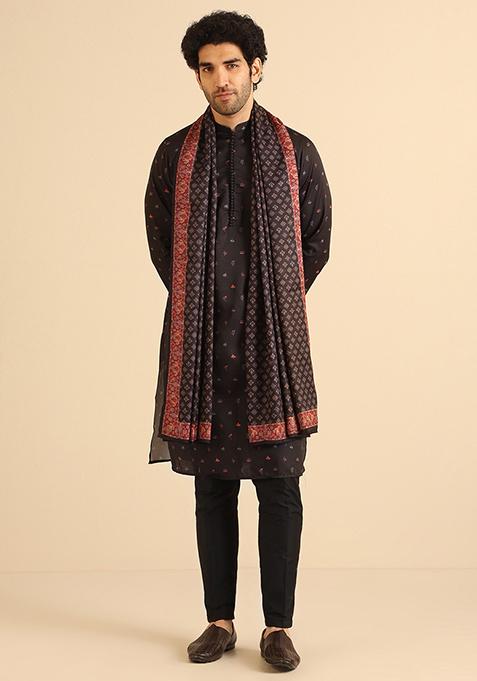 Black Digital Print Cotton Blend Kurta Set With Dupatta