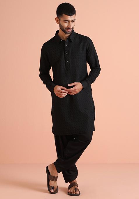 Black Jacquard Silk Blend Kurta Set