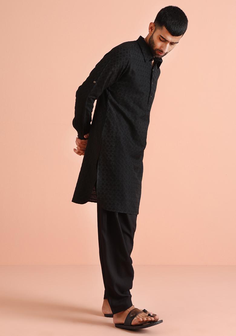 Black Jacquard Silk Blend Kurta - Indya