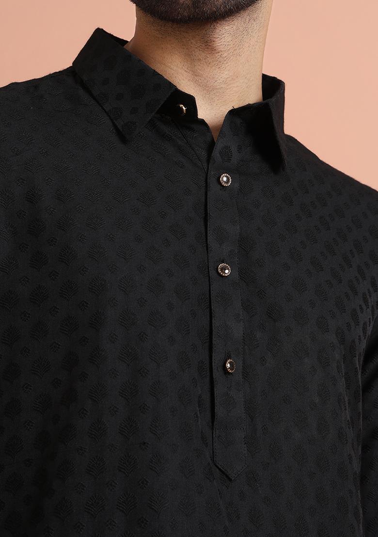 Black Jacquard Silk Blend Kurta - Indya
