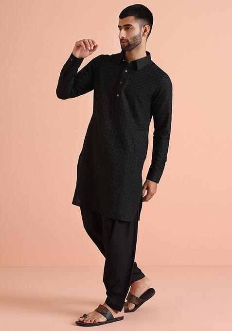 Black Jacquard Silk Blend Kurta