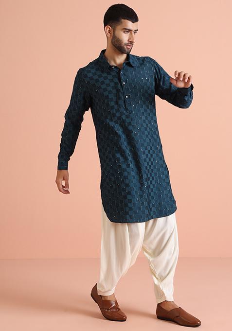Navy Blue Textured Silk Blend Kurta