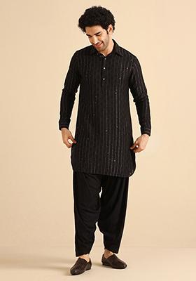 Black Self Design Silk Blend Kurta Set