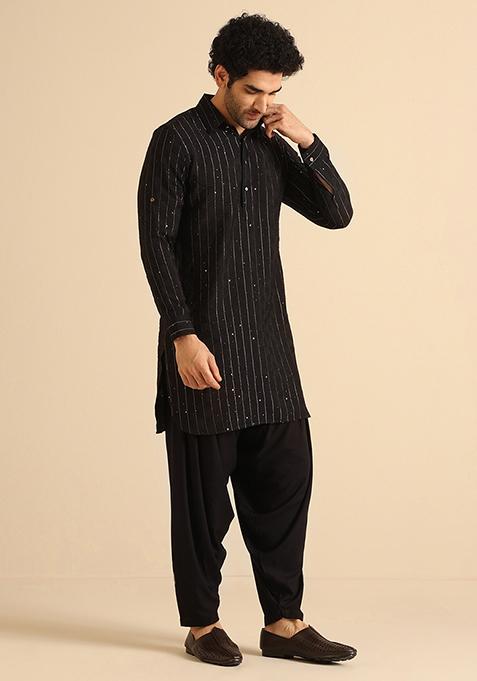 Black Textured Silk Blend Kurta