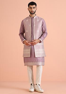 Mauve Woven Design Jacquard Kurta Jacket Set