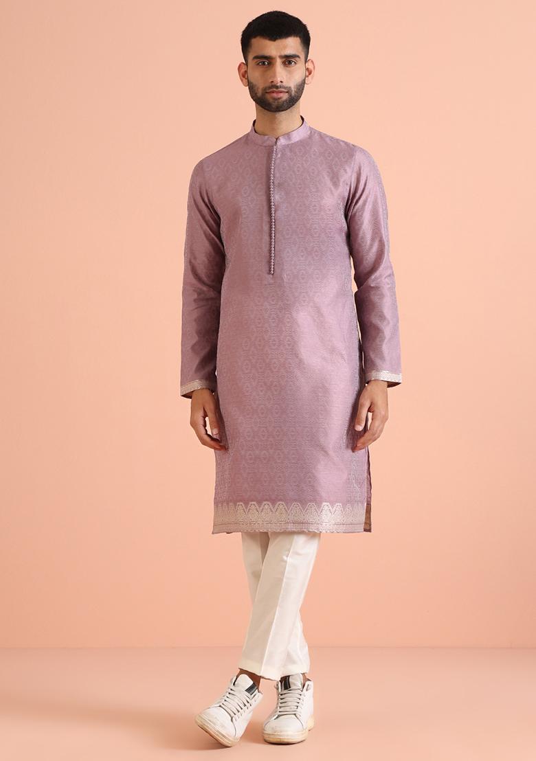Mauve Woven Design Jacquard Kurta Jacket Set - Indya
